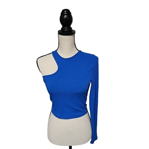 Bar III Tops - BAR III Women's Deep Electric Blue OneShoulder Long-Sleeve Cutout Crop Top Med